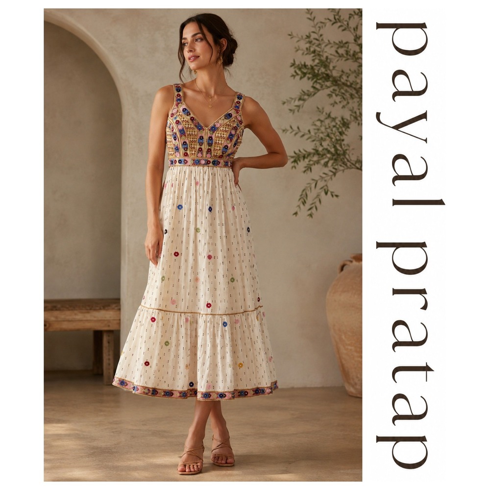 PAYAL PRATAP Anthropologie Norah Dress Embroidered Boho Midi Dress Size 2